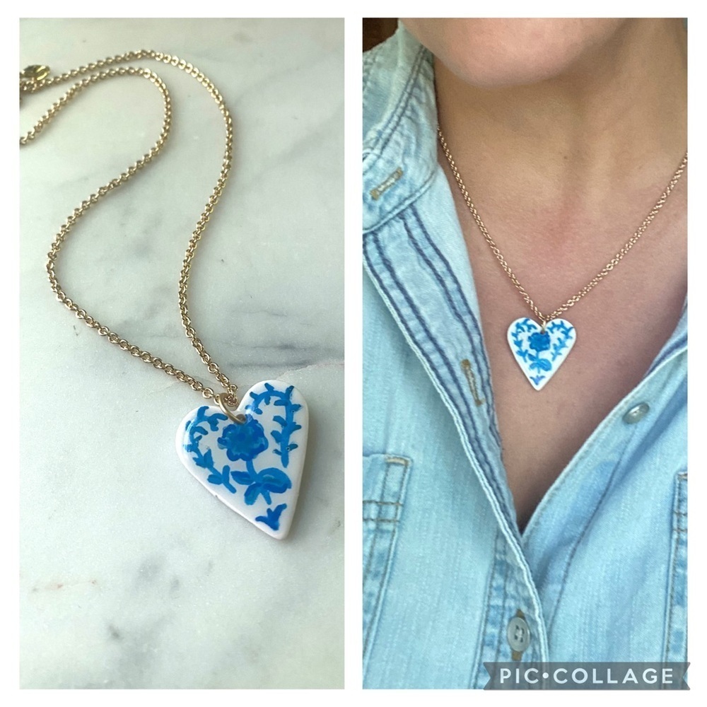 Handmade Hand painted Polymer Clay Heart Pendant Necklace